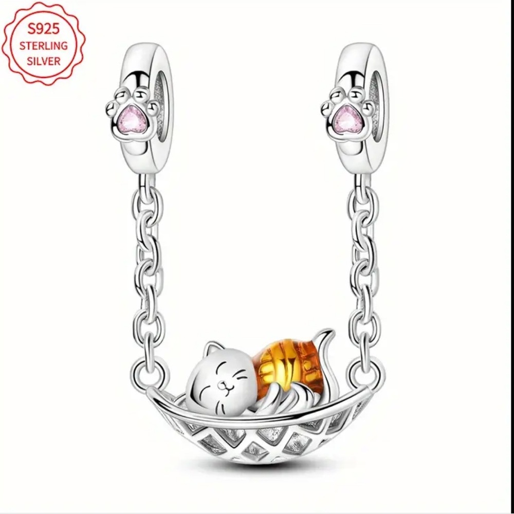Sterling Silver Napping Cat In Hammock Charm-NEW
